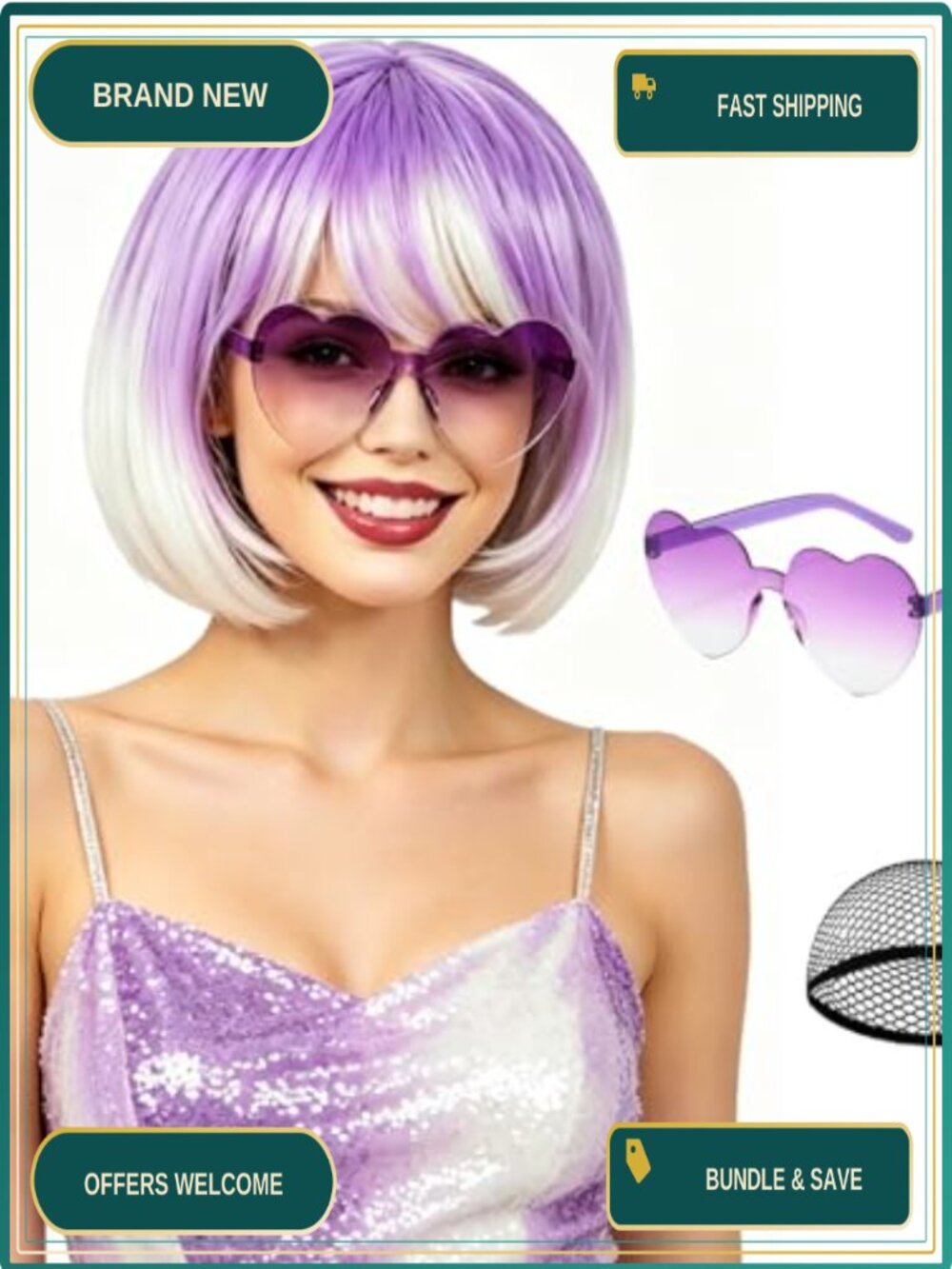 Heat Resistant Synthetic Bob Wig with Bangs, Includes Sunglasses & Cap